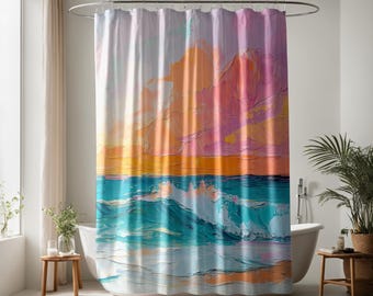 May include: A shower curtain featuring an abstract painting of a beach scene. The artwork depicts a vibrant sunset with orange, pink, and purple hues above turquoise waves. The curtain hangs in a modern bathroom setting.