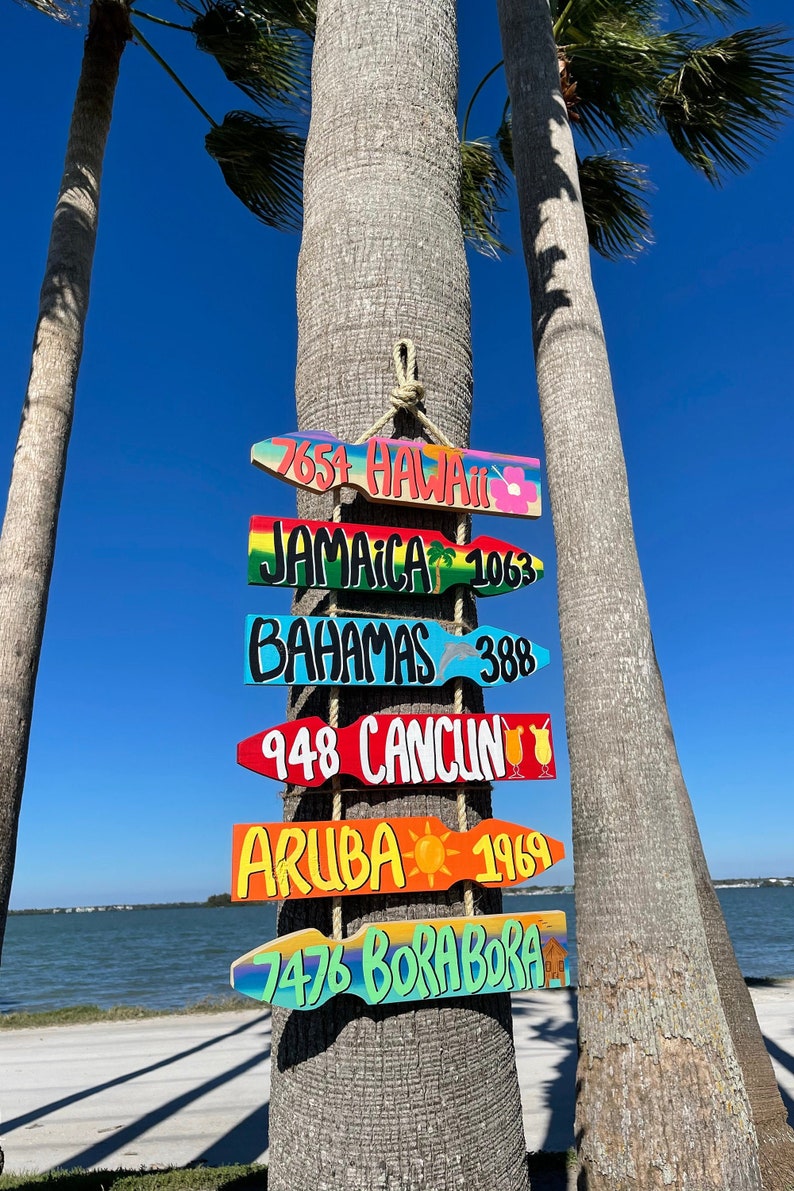 Set of 6 Direction Signs, Beach Direction Sign, Island Signs, Vacation Sign, Mileage Sign, Destination Sign, Hanging Arrow Sign, Travel Sign image 1