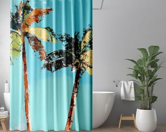 Cortina de ducha con palmeras, estilo costero, estilo casa de playa, tropical