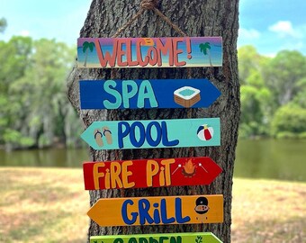 Welcome to our Patio Sign, Directional Signs for Outdoors, Personalized Arrow Signs, Yard Sign Custom, Fire Pit Sign, Campground Sign