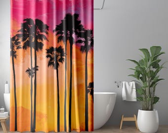 Cortina de ducha con palmeras, cortinas de ducha abstractas costeras, decoración de baño costera, cortinas tropicales, cortinas de ducha con casas de playa