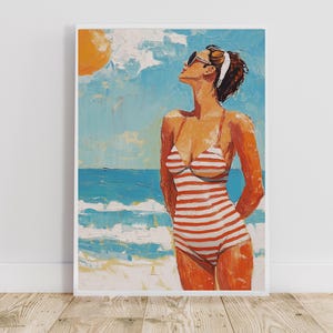 Impresión de mujer en la playa, impresiones de playa vintage, impresión costera de casa de playa de verano, póster de playa retro, decoración de chica de playa, pósteres del océano