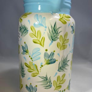 Ceramic Pitcher,  Leaf and Floral, Hand Painted, Mason Jar Pitcher, Beverage Pitcher