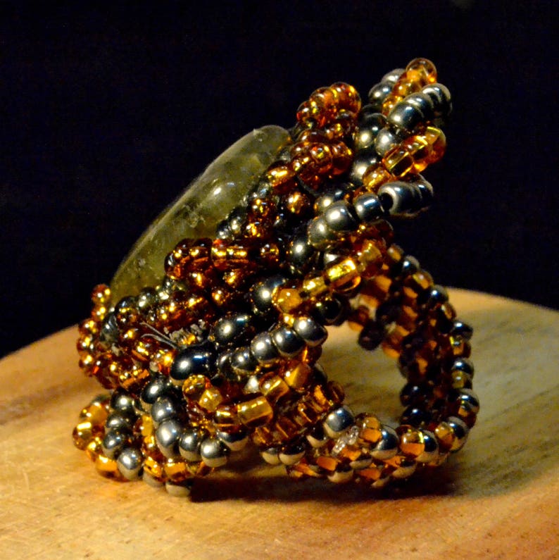 Bead Embroidered Ring Brown Polished Stone Gold and Etsy