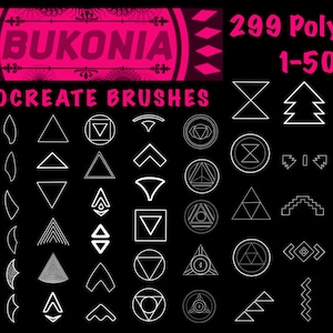 May include: A set of 50 black and white geometric Procreate brushes. The brushes are arranged in rows and columns on a black background. The text "299 Polygon 1-50" is in the top right corner of the image.