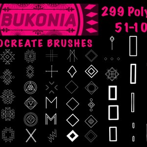 May include: A set of 299 Procreate brushes featuring geometric shapes and patterns. The brushes are numbered 51-100 and are designed for use in digital art and illustration.