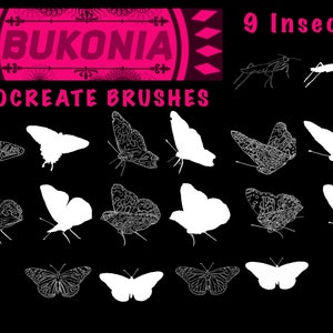 May include: Nine black and white insect illustrations, including praying mantises and butterflies, for use as Procreate brushes. The text "BUKONIA PROCREATE BRUSHES" is displayed in pink at the top of the image.