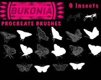 9 Insects - 1 Praying Mantis, 8 Butterflies - Procreate Brushes by Bukonia