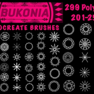 May include: A set of 299 Procreate brushes featuring geometric shapes, including polygons, stars, and circles. The brushes are white on a black background and are labelled "299 Polygon 201-250".
