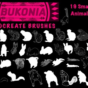 May include: 19 Small Animals Procreate Brushes. A set of 19 black and white line art illustrations of small animals, including lemurs, rabbits, and squirrels, designed for use as Procreate brushes.