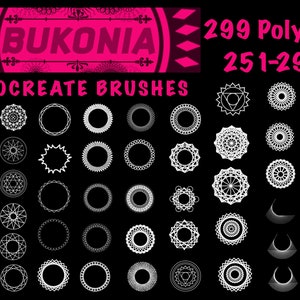 May include: A set of 299 Procreate brushes featuring white geometric polygon shapes on a black background. The brushes are numbered 251-299.
