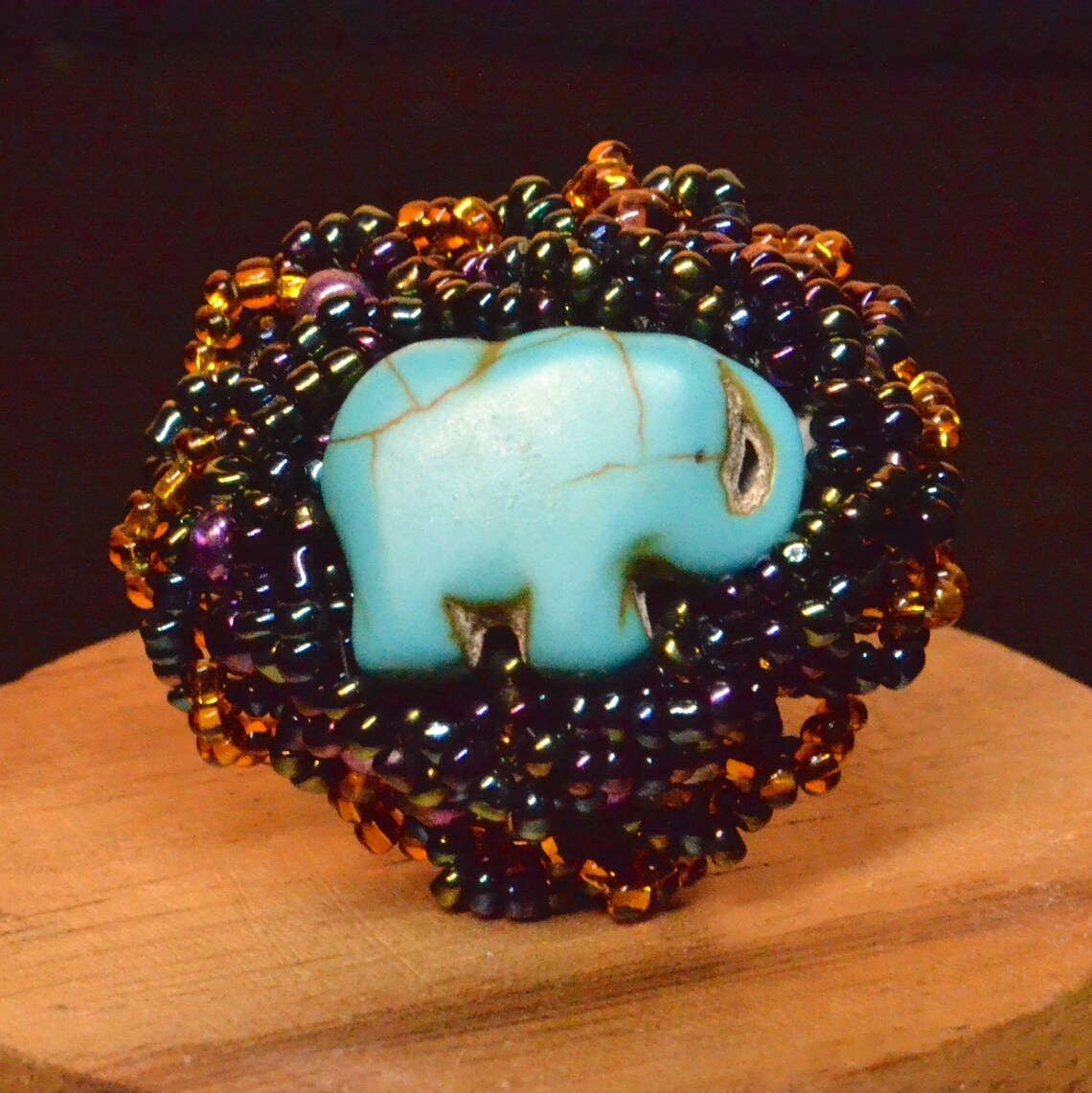 Bead Embroidered Ring Turquoise Howlite Elephant Muticolor Glass Beads