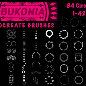 May include: A digital art graphic with the text "BUKONIA PROCREATE BRUSHES" in pink. The image displays 84 circle brushes, numbered 1-42, in various designs and arrangements, all in white against a black background.