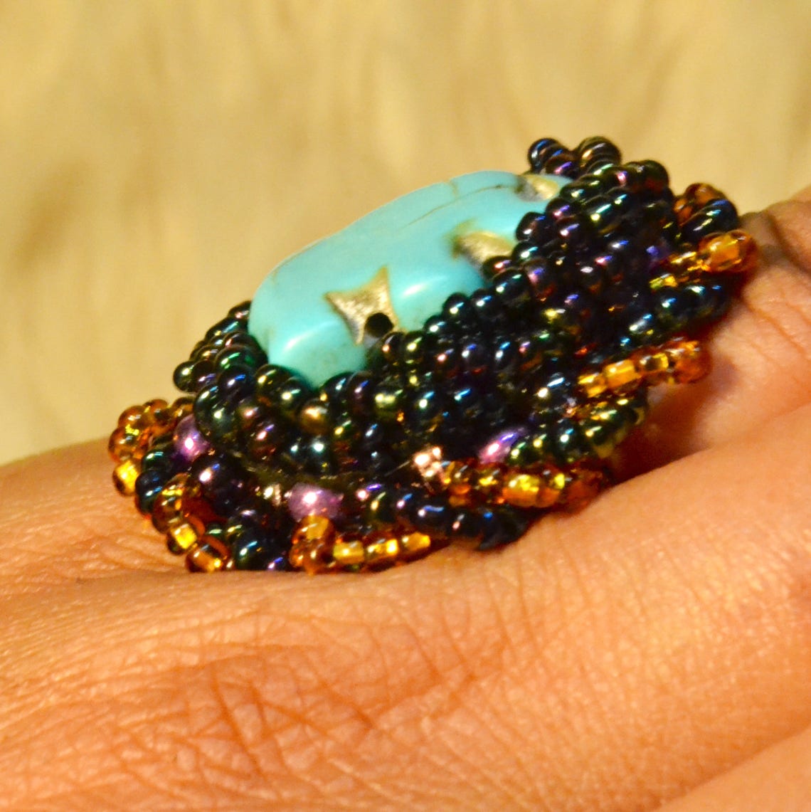Bead Embroidered Ring Turquoise Howlite Elephant Muticolor Glass Beads