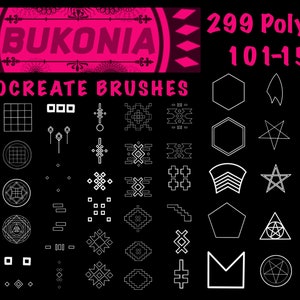 May include: A set of 50 black and white Procreate brushes featuring geometric shapes, including stars, hexagons, and crosses. The text "299 Polygon 101-150" is displayed at the top of the image.