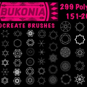 May include: A set of 299 Procreate brushes featuring geometric shapes, including polygons with 151 to 200 sides. The brushes are white on a black background.