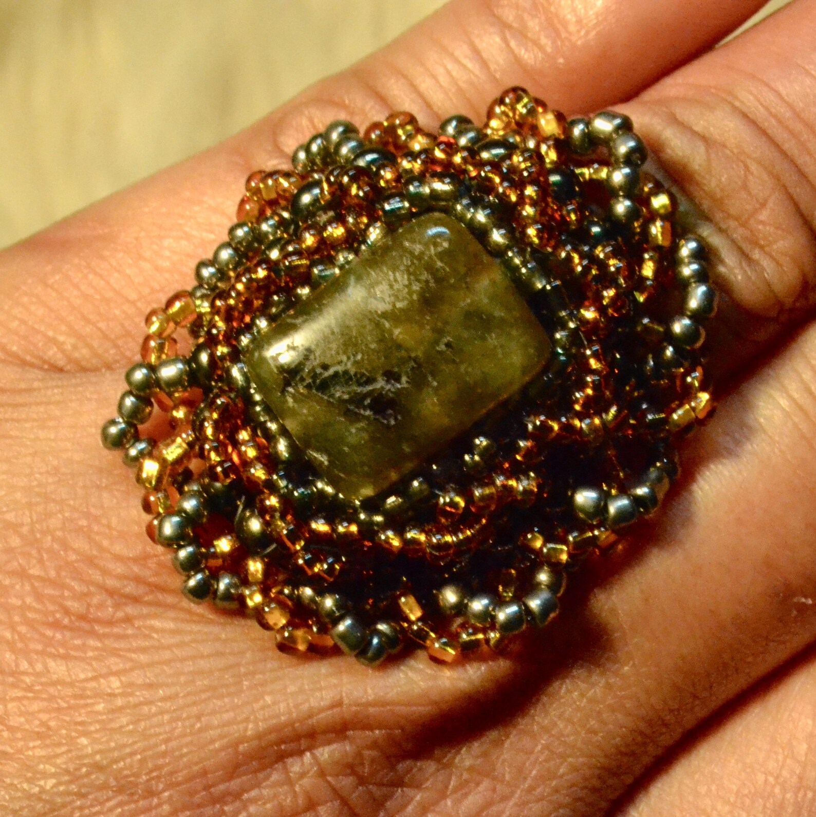 Bead Embroidered Ring Brown Polished Stone Gold and Etsy