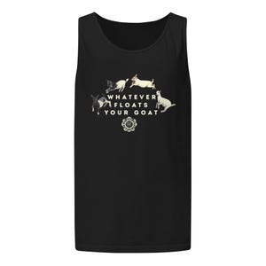 Peut inclure: Un débardeur noir sans manches avec une impression graphique représentant quatre chèvres dans diverses positions. Le texte "WHATEVER FLOATS YOUR GOAT" est imprimé en lettres capitales blanches au centre, avec un petit emblème circulaire en dessous.