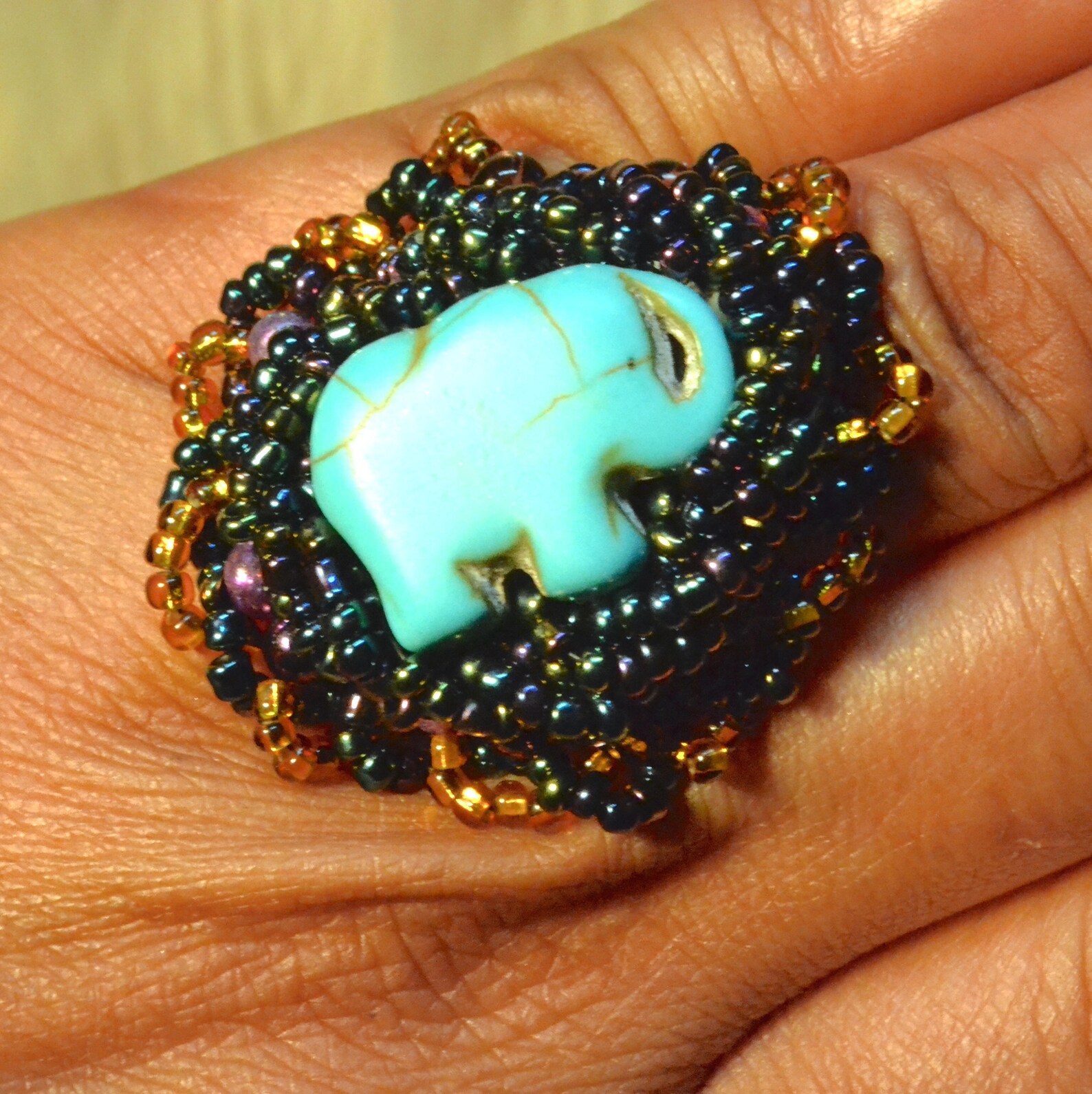 Bead Embroidered Ring Turquoise Howlite Elephant Muticolor Glass Beads