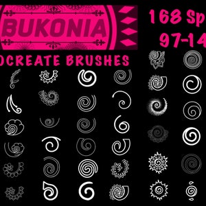 May include: A set of 168 Procreate brushes featuring spiral designs. The brushes are numbered 97-144 and are white on a black background. The text "BUKONIA" is in pink at the top of the image.