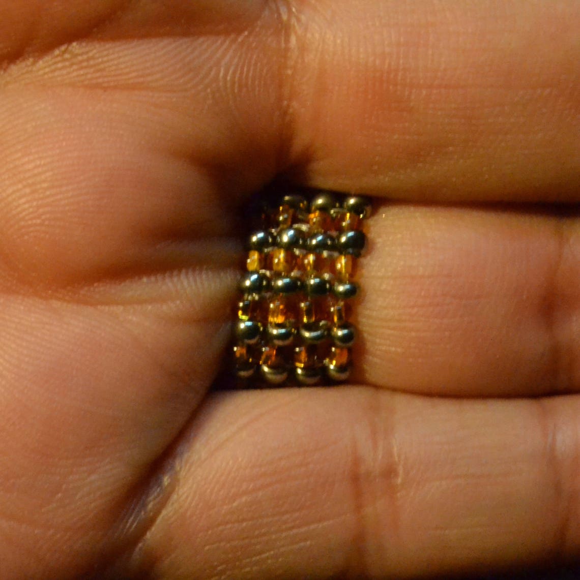 Bead Embroidered Ring Brown Polished Stone Gold and Etsy