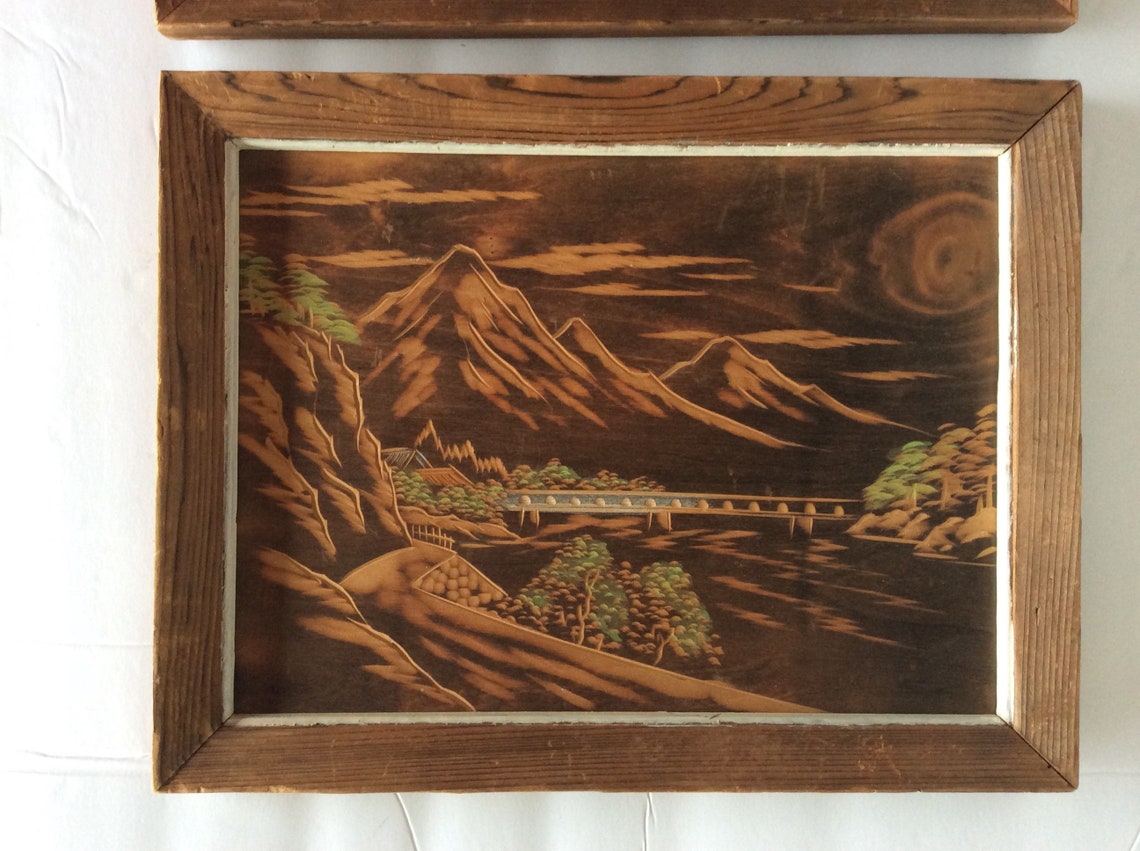 Japanese Woodcut Art Vintage Landscape Carved Wood Handcrafted Etsy