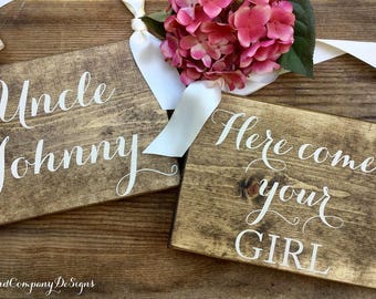 Two Ring Bearer Signs, Here Comes Your Girl, Here Comes the Bride, Sweetheart Signs, Wedding Signs, Wooden Sign, Twin Signs, Flower Girl