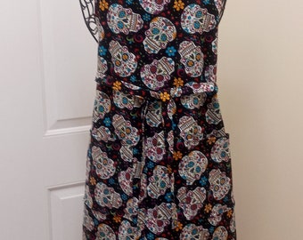 Apron, Lined, 2 Pockets, Petite Adult Size, Sugar Skulls