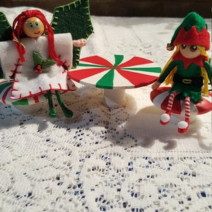 Holiday Elf and Holly Fairy bendy doll's with Peppermint table and chair's/ Felt Art Bendy/Waldorf Felt style image 2