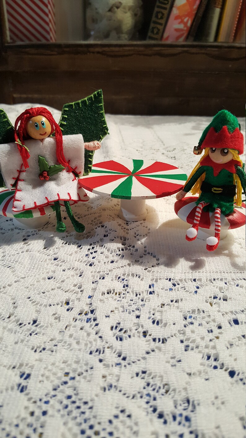 Holiday Elf and Holly Fairy bendy doll's with Peppermint table and chair's/ Felt Art Bendy/Waldorf Felt style image 2