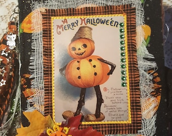 OOAK Retro Vintage Pumpkin Man Postcard Image Halloween Junk Journal/ Handmade Halloween scrapbook