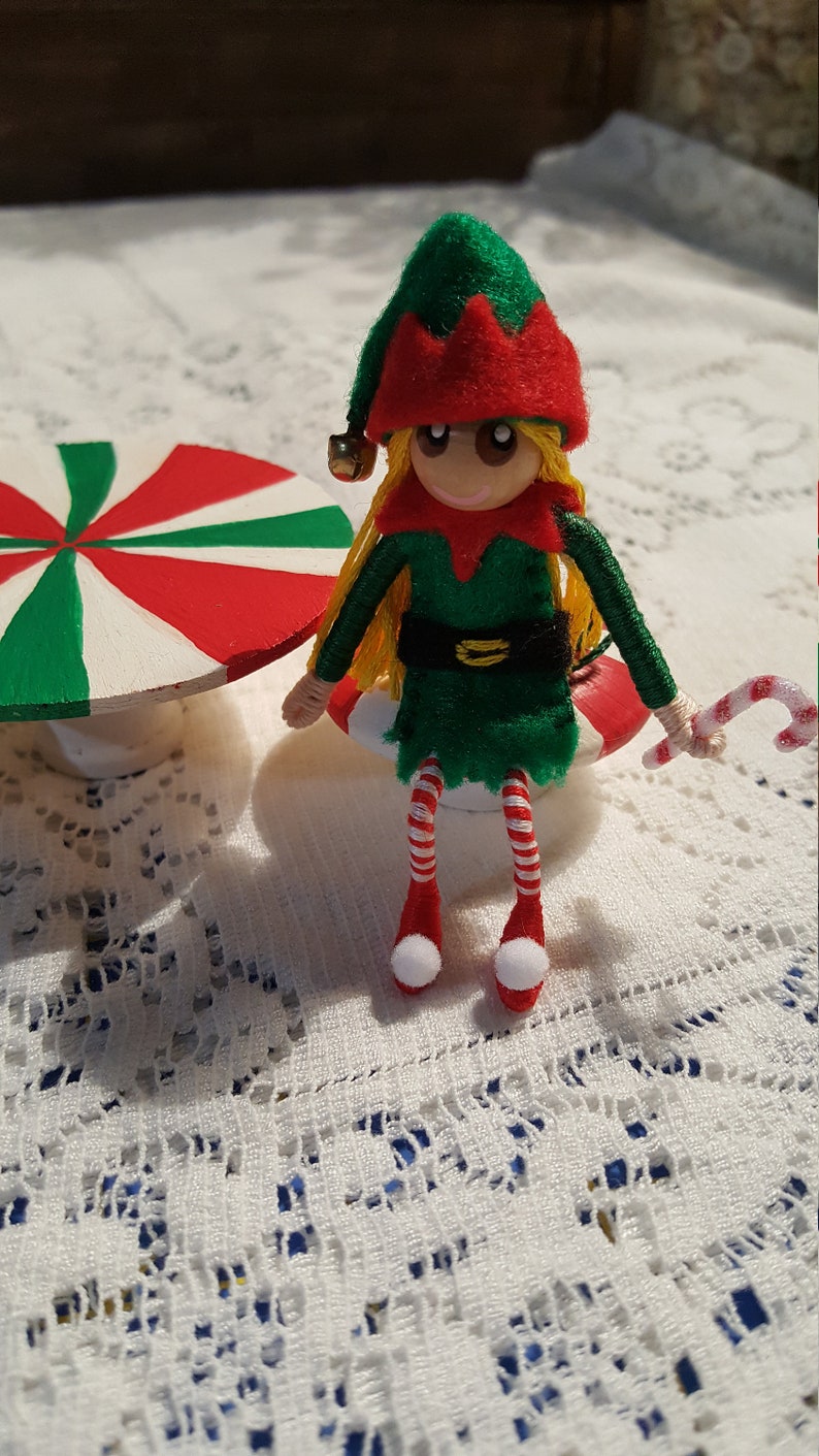 Holiday Elf and Holly Fairy bendy doll's with Peppermint table and chair's/ Felt Art Bendy/Waldorf Felt style image 4