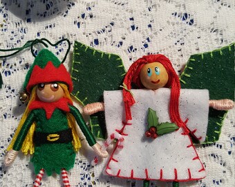 Holiday Elf and Holly Fairy bendy doll's with Peppermint table and chair's/ Felt Art Bendy/Waldorf Felt style