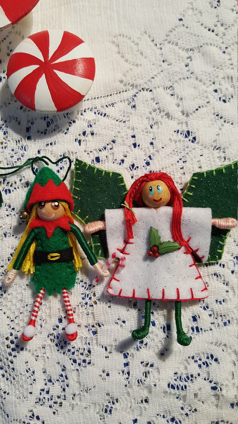 Holiday Elf and Holly Fairy bendy doll's with Peppermint table and chair's/ Felt Art Bendy/Waldorf Felt style image 1