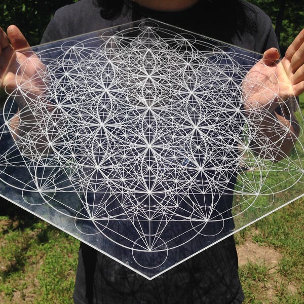 11" Metatron's Cube Flower Of Life Pattern Laser Cut Crystal Grid Artwork
