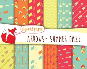 Arrows Digital Paper ~Printable ~ Geometric Designs, Chevrons, Vintage Summer Colors: Red, Orange, Teal ~ Instant Download