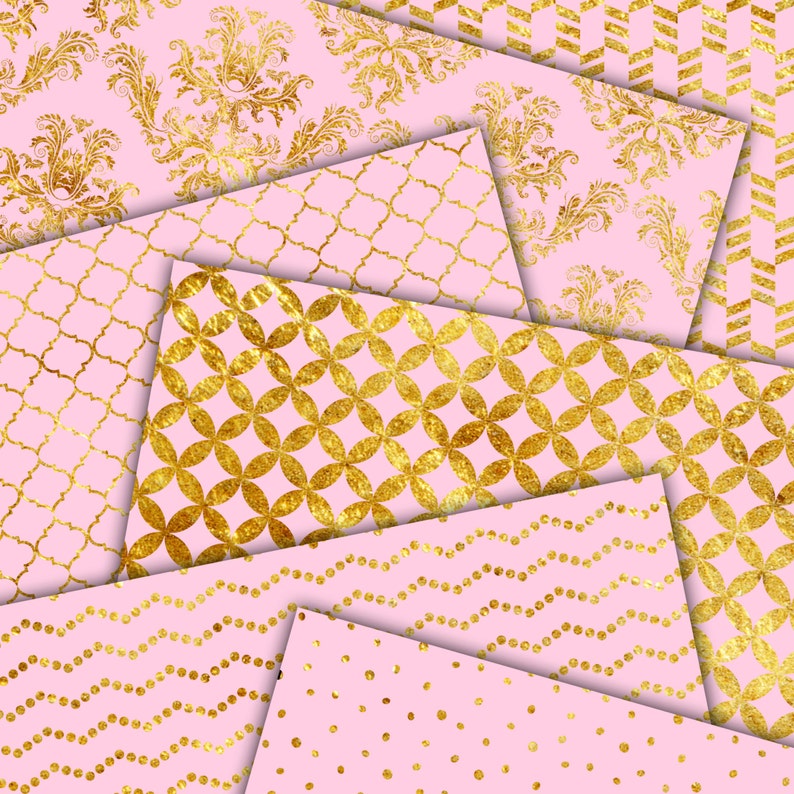 Pink and Gold Foil Digital Paper Printable Damask, Quatrefoil, Chevron