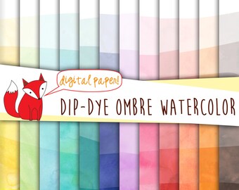 Dip-Dye Ombre Watercolor Paper Pack~ Printable Digital Papers~ Instant Download~ Rainbow: Aqua, Blue, Violet, Orange, Green