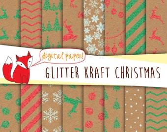 Christmas Kraft Glitter Digital Paper~ ~ Reindeer, Snowflakes, Christmas Trees, Ornaments~ Glitter Christmas Paper~