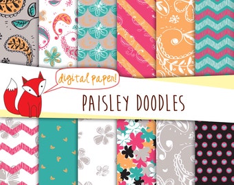 Paisley Digital Paper~ Hand-drawn, doodles & sketches ~ Floral Digital Paper~ Digital Scrapbooking ~ Digital Backgrounds ~