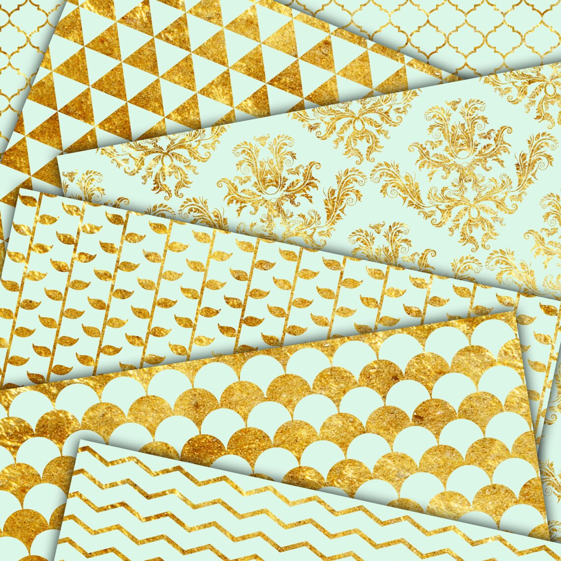 Mint and Gold Foil Digital Paper Damask Quatrefoil Etsy