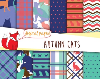 Cat Digital Paper ~ Fall Paper ~ "Autumn Cats" ~ Scrapbooking ~ Seasonal Paper~ Digital Backgrounds ~ Cat Scrapbooking Paper