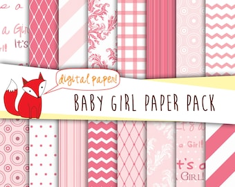 Baby Girl Digital Paper ~ Baby Shower Pack ~ Baby Girl Printable Paper ~16 Papers~ Pink Damask, Chevron, Polka dot ~ Digiscrap