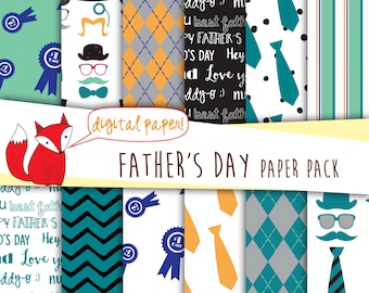 Father's Day Digital Paper Pack~ Happy Fathers Day Paper ~ #1 Dad, Best Dad Ever, Mustache Father's Day, Ties, Sweater, Hats