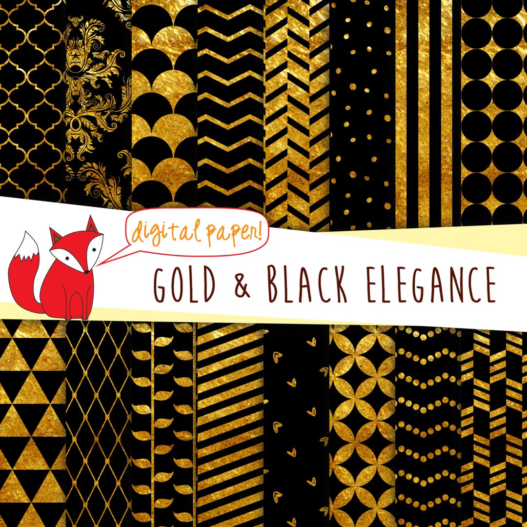 Black and Gold Foil Digital Paper printable Damask, Quatrefoil, Chevron ...