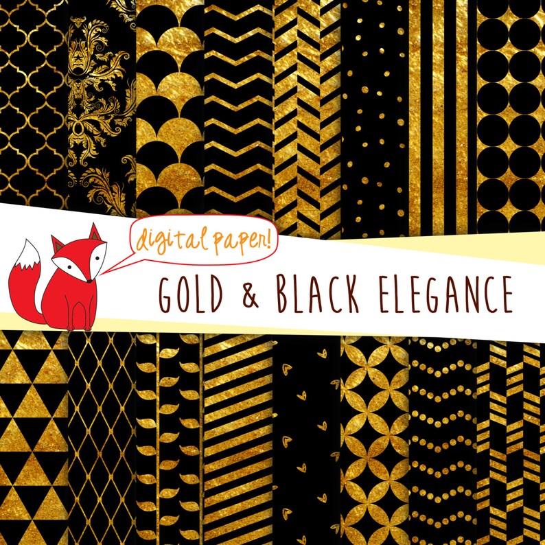 Download Black and Gold Foil Digital Paper Printable Damask | Etsy