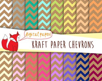 Kraft Paper Chevrons Digital Paper~  Rainbow~ Digital Scrapbooking~ Rustic Digital Backgrounds~ Blue, red, pink, coral chevron