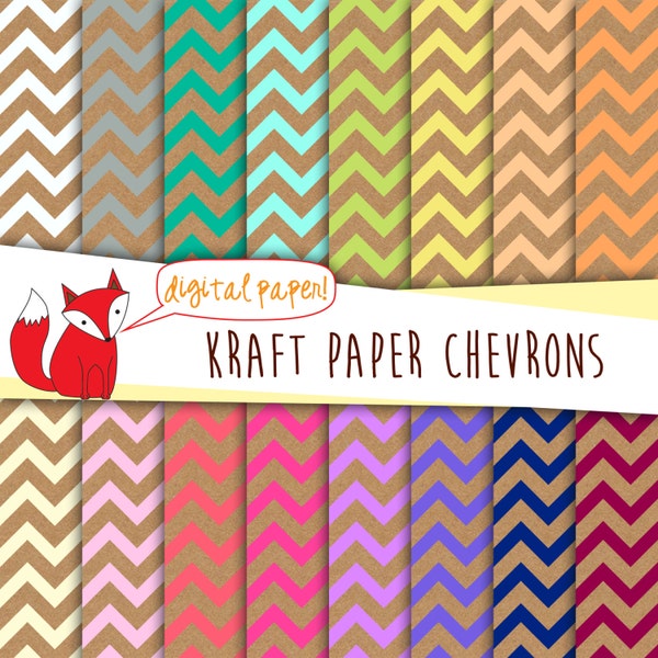 Kraft Paper Chevrons Digital Paper~  Rainbow~ Digital Scrapbooking~ Rustic Digital Backgrounds~ Blue, red, pink, coral chevron