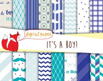 Baby Boy Digital Paper ~ Baby Shower Digital Paper Pack ~ Printable Paper ~It's a Boy!~ Chevron, Mustache  ~ Digiscrap