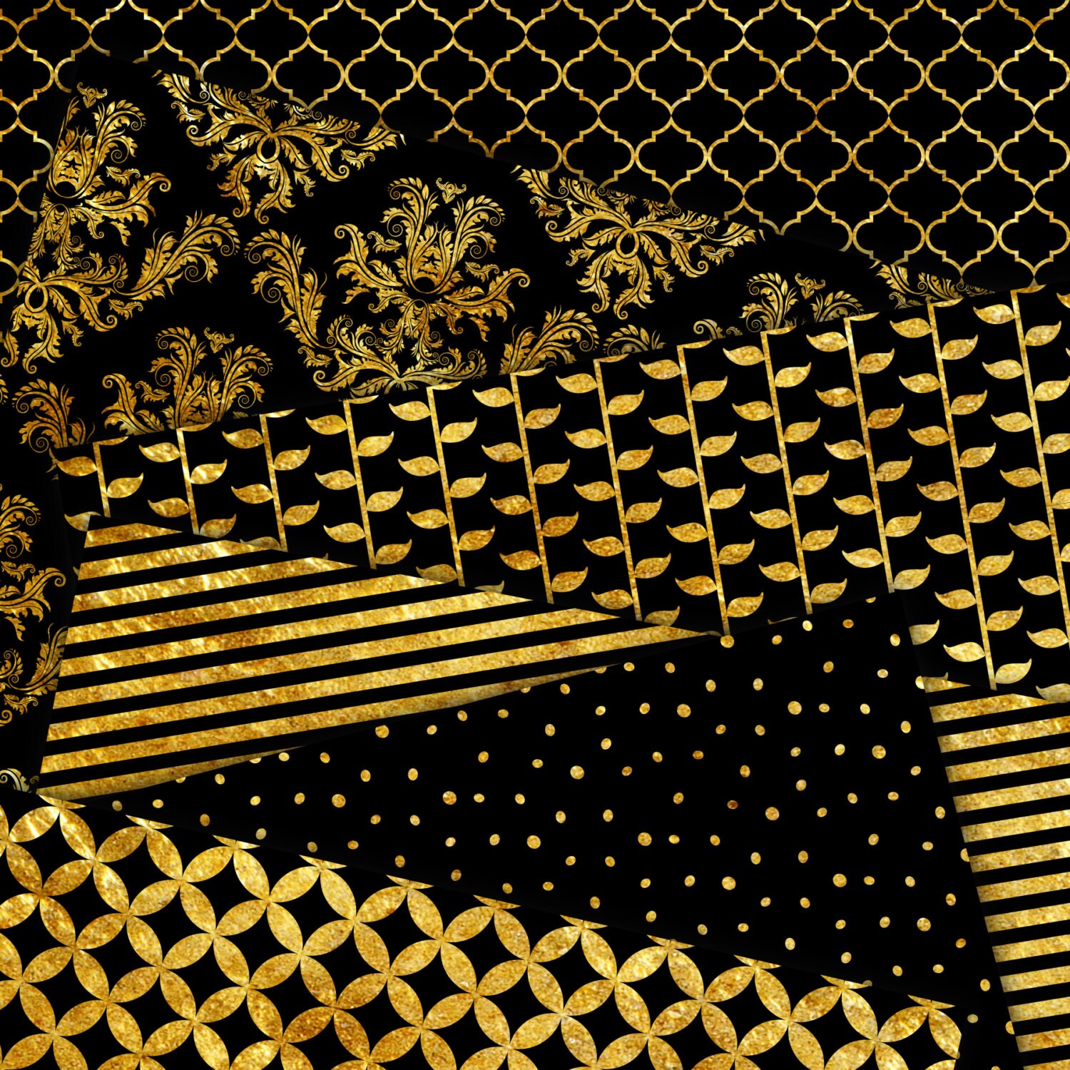 Black and Gold Foil Digital Paper printable Damask, Quatrefoil, Chevron ...